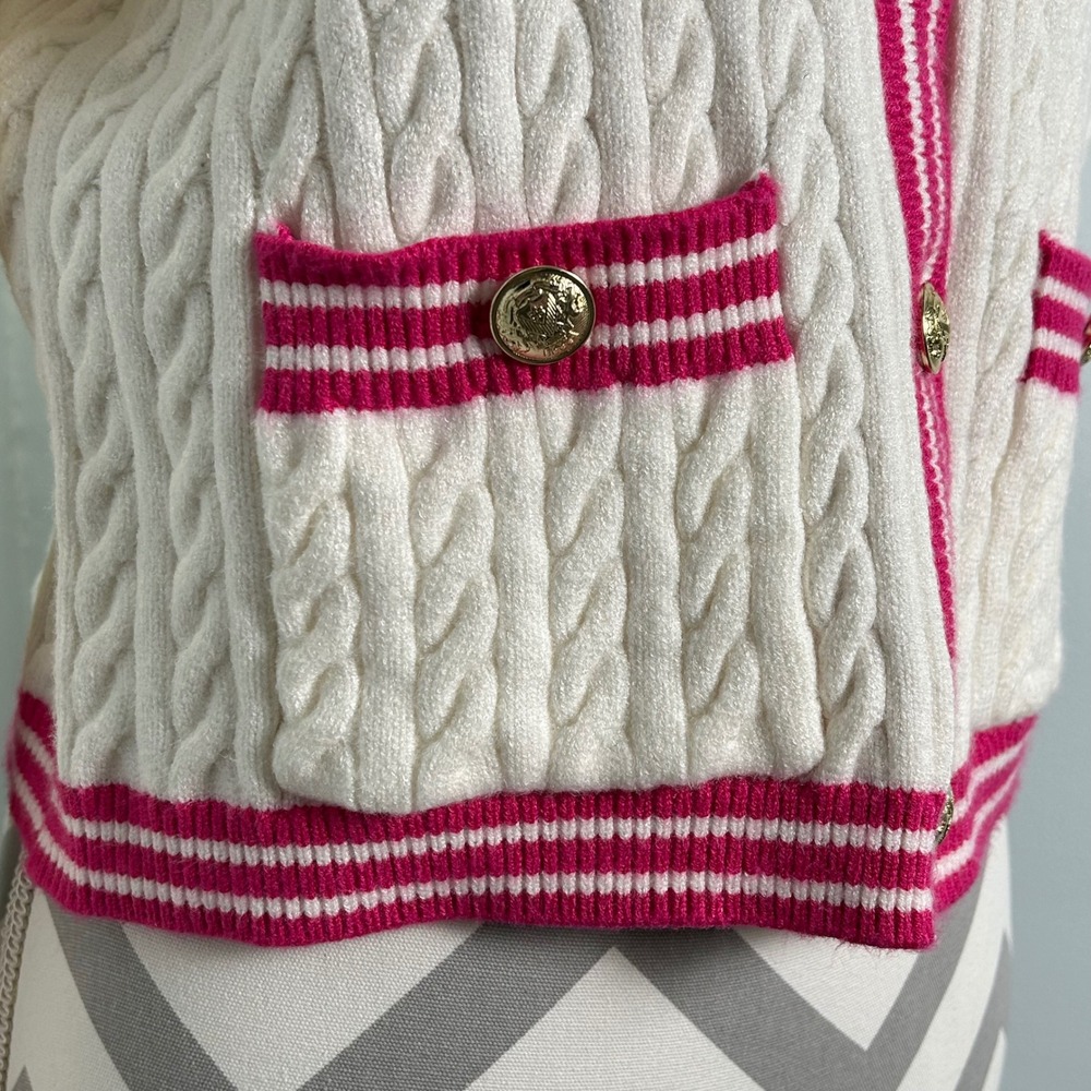 Marled Cream & Pink Cardigan Sweater Women's Small Cable Knit Gold Buttons - Picture 5 of 8